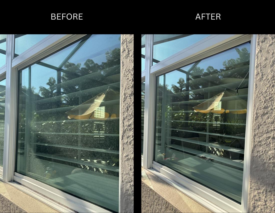 Before and after window cleaning: hard water and salt film removed from a sliding glass window overlooking a pool in Cape Coral, Florida
