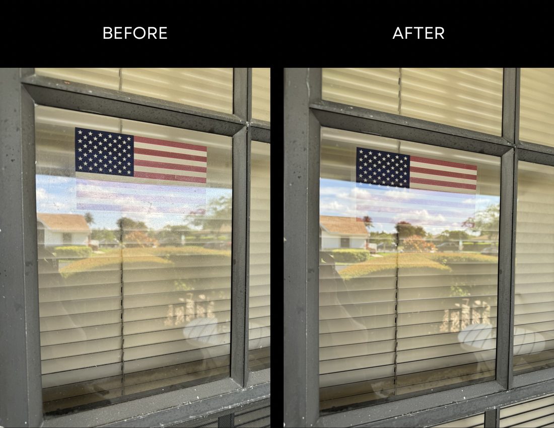 Before and after window cleaning on a grid window with an American flag, mineral spotting and grime removed