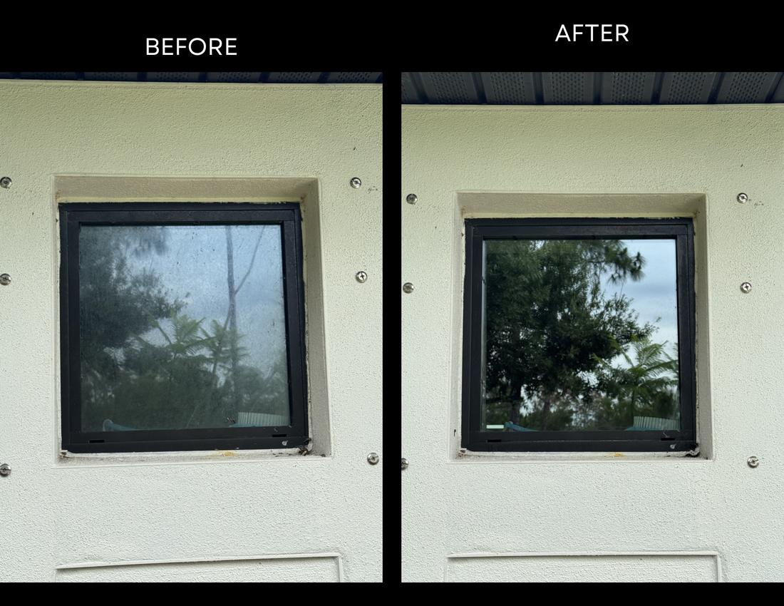 Before and after hard water stain removal on a small exterior window, cloudy glass restored to clear